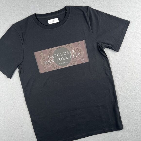 NWOT Saturdays NYC Black Mosaic Block Short Sleeve Crew Neck Shirt Men’s Size XS - Picture 8 of 16